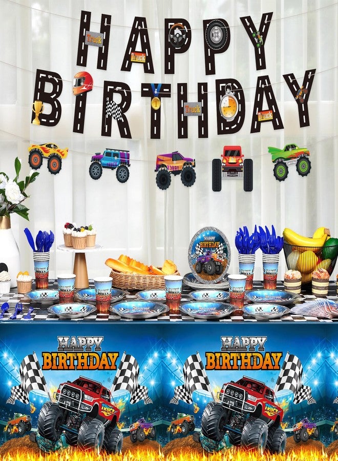 Sabary 173 Pcs Monster Truck Birthday Party Supplies Serves 24, Monster Truck Tablecloth Banner Plates Napkins Tableware Set for Themed Birthday Party Decorations - Image 5